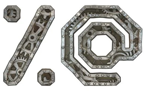 Set of mechanical alphabet made from rivet metal with gears on white background イラスト素材