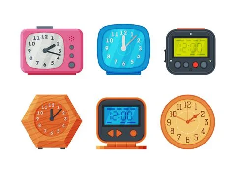 Set of mechanical and electronic clocks for time measurement cartoon vector Stock Illustration