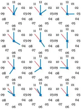 A set of mechanical clocks with an image of each of the twelve hours Stock Illustration
