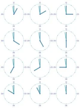 A set of mechanical clocks with an image of each of the twelve hours Stock-Illustration