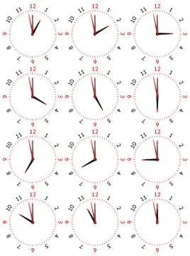 A set of mechanical clocks with an image of each of the twelve hours Stock Illustration