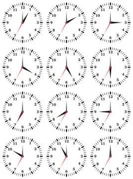 A set of mechanical clocks with an image of each of the twelve hours Stock Illustration