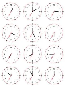 A set of mechanical clocks with an image of each of the twelve hours Stock Illustration