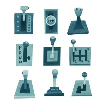 Set of mechanical, manual and automatic gearbox. Flat hand drwan textured ill Stock Illustration