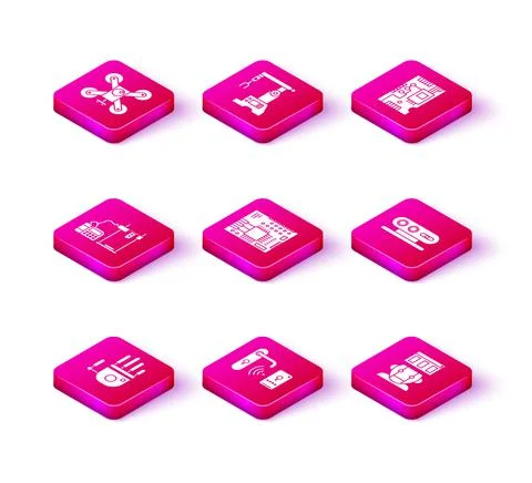 Set Mechanical robot hand, 3D printer, Printed circuit board PCB, Robot, 3d Illustrazione stock