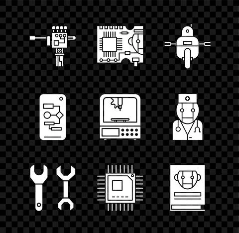 Set Mechanical robot hand and screwdriver, Printed circuit board PCB, Robot Stock Illustration