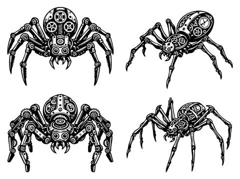 Set of mechanical steampunk spiders with complex metal gears and clockwork Stock Illustration