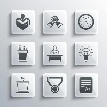 Set Medal, Exam sheet with A plus grade, Light bulb, Schoolboy sitting at desk Stock Illustration