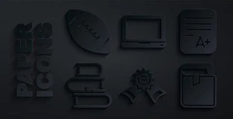 Set Medal, Exam sheet with A plus grade, Book, Laptop and American football ball イラスト素材