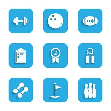 Set Medal, Golf flag, Bowling pin, Sport expander, Dumbbell, training program Illustrazione stock