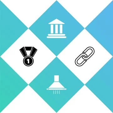 Set Medal, Kitchen extractor fan, Bank building and Chain link icon. Vector Ilustración de archivo