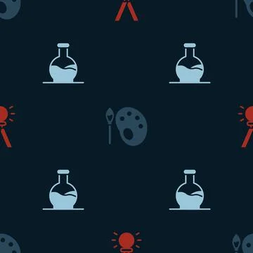 Set Medal, Paint brush with palette and Test tube on seamless pattern. Vector Stock Illustration