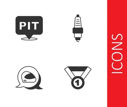 Set Medal, Pit stop, Racing helmet and Car spark plug icon. Vector Stock Illustration