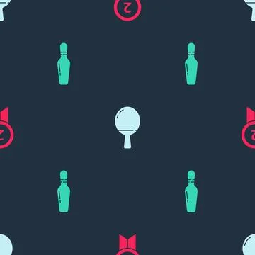Set Medal, Racket for playing table tennis and Bowling pin on seamless pattern Stock Illustration