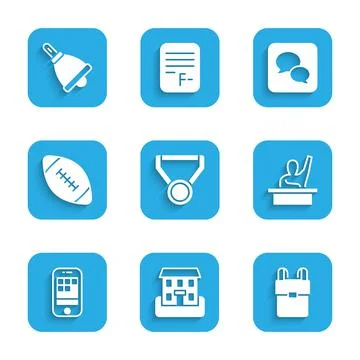 Set Medal, School building, backpack, Male kid raising hand, Smartphone Ilustración de archivo