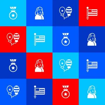 Set Medal with star, Benjamin Franklin, Balloons and American flag icon. Vector Illustrazione stock
