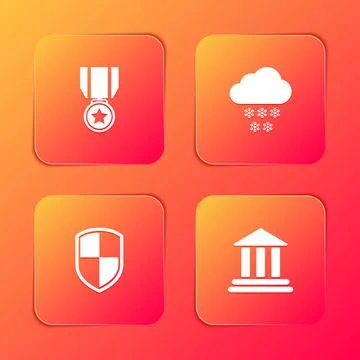 Set Medal with star, Cloud snow, Shield and Bank building icon. Vector Ilustración de archivo