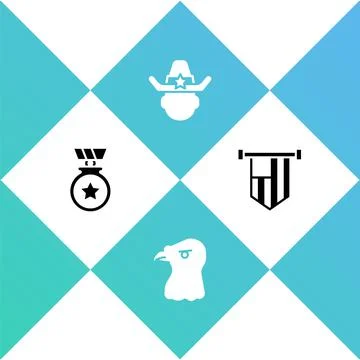 Set Medal with star, Eagle head, Sheriff cowboy and American flag icon. Vector 스톡 일러스트