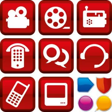 Set of media communications icons on square buttons. Geometric style. Stock Illustration