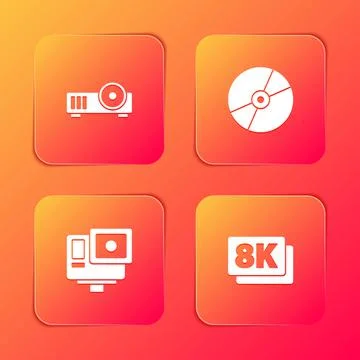 Set Media projector, CD DVD disk, Action extreme camera and 8k Ultra HD icon Stock Illustration