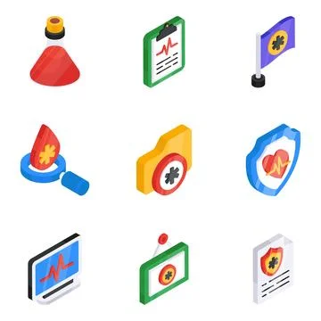 Set of Medical and Science Flat Isometric Icons Stock Illustration