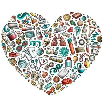 Set of medical cartoon doodle objects. Heart form composition Stock Illustration