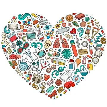 Set of medical cartoon doodle objects. Heart form composition Stock Illustration