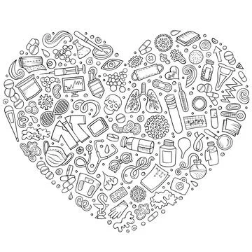 Set of medical cartoon doodle objects. Heart form composition Stock Illustration
