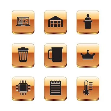 Set Medical clinical record, Processor with CPU, Notebook, Coffee cup, Trash can Stock-Illustration