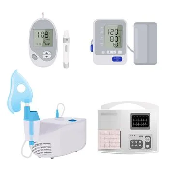 Set of medical devices. Glucometer, Compressor inhaler, Stock Illustration