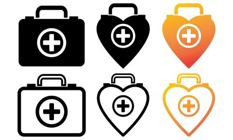 Set of medical kit icons in rectangular and heart shapes Illustrazione stock