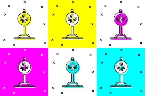 Set Medical map pointer with cross hospital icon isolated on color background Stockillustratie