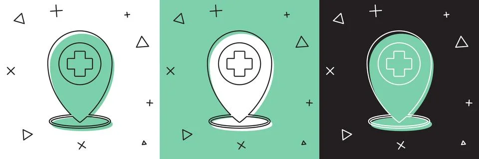Set Medical map pointer with cross hospital icon isolated on white and green Stockillustratie