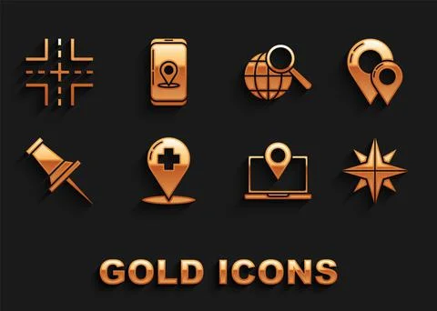 Set Medical map pointer with cross hospital, Map pin, Wind rose, Laptop locat Stockillustratie