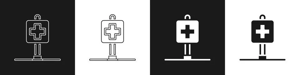 Set Medical map pointer with cross hospital icon isolated on black and whit.. Stock Illustration