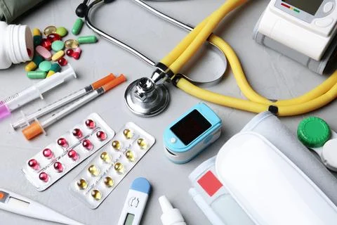 Set of medical objects on grey background, above view 스톡 사진