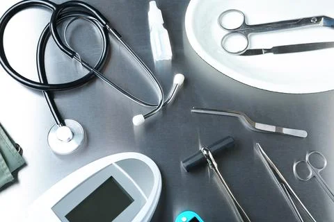 Set of medical objects on grey background, above view Stock Photos