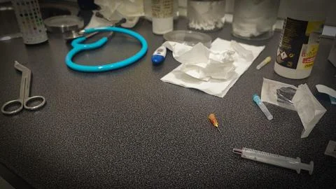 Set of medical objects on grey background, above view. The concept of complex Stock Photos