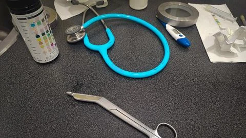 Set of medical objects on grey background, above view. The concept of compl.. Stock Photos