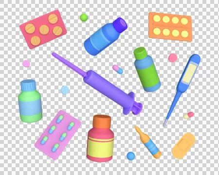Set of medical preparations. 3d rendering Stock Illustration