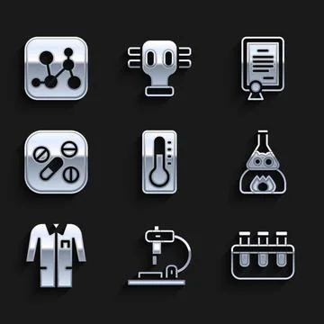 Set Medical thermometer, Microscope, Test tube and flask, on fire, Laboratory Illustrazione stock