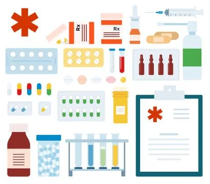 Set of Medicament flat vector illustration. Stock Illustration