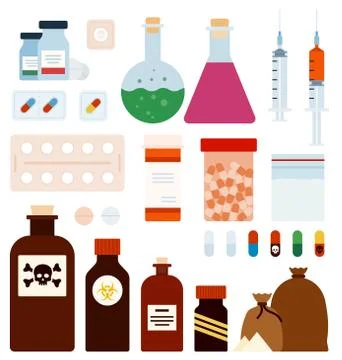 Set of Medicament Poison flat vector illustration. Stock Illustration