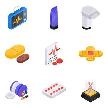 Set of Medicinal Flat Isometric Icons Stock Illustration