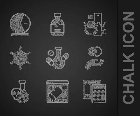 Set Medicine pill, Data visualisation, Calculator, Atom, Test tube with toxic 스톡 일러스트