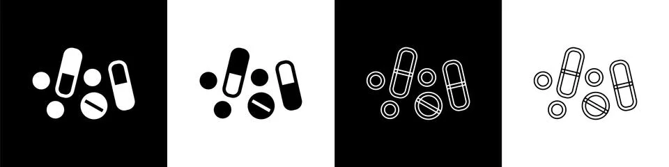 Set Medicine pill or tablet icon isolated on black and white background. Capsule Stock Illustration