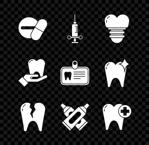 Set Medicine pill or tablet, Dental medical syringe, implant, Broken tooth Stock Illustration