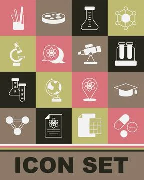 Set Medicine pill or tablet, Graduation cap, Test tube, Atom, Microscope Stock Illustration