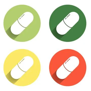 Set Medicine pill or tablet icon isolated with long shadow background. Caps.. Stock Illustration