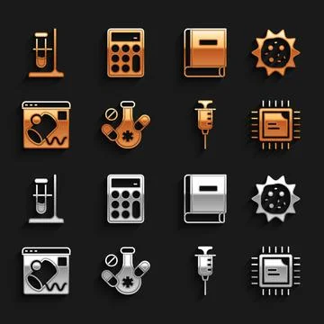 Set Medicine pill, Virus, Processor CPU, Syringe, Data visualisation, Science Stock Illustration